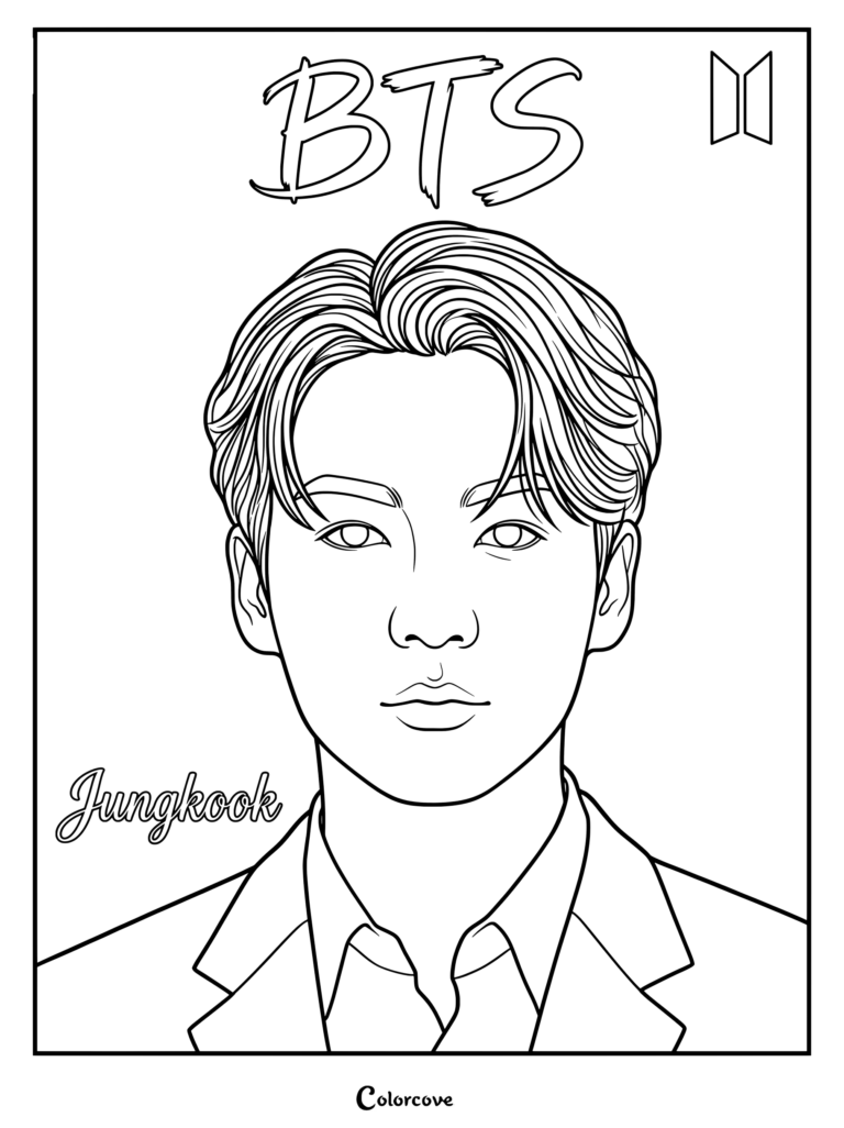Página para colorear del retrato de Jung Kook de BTS con su nombre y el logo del grupo.