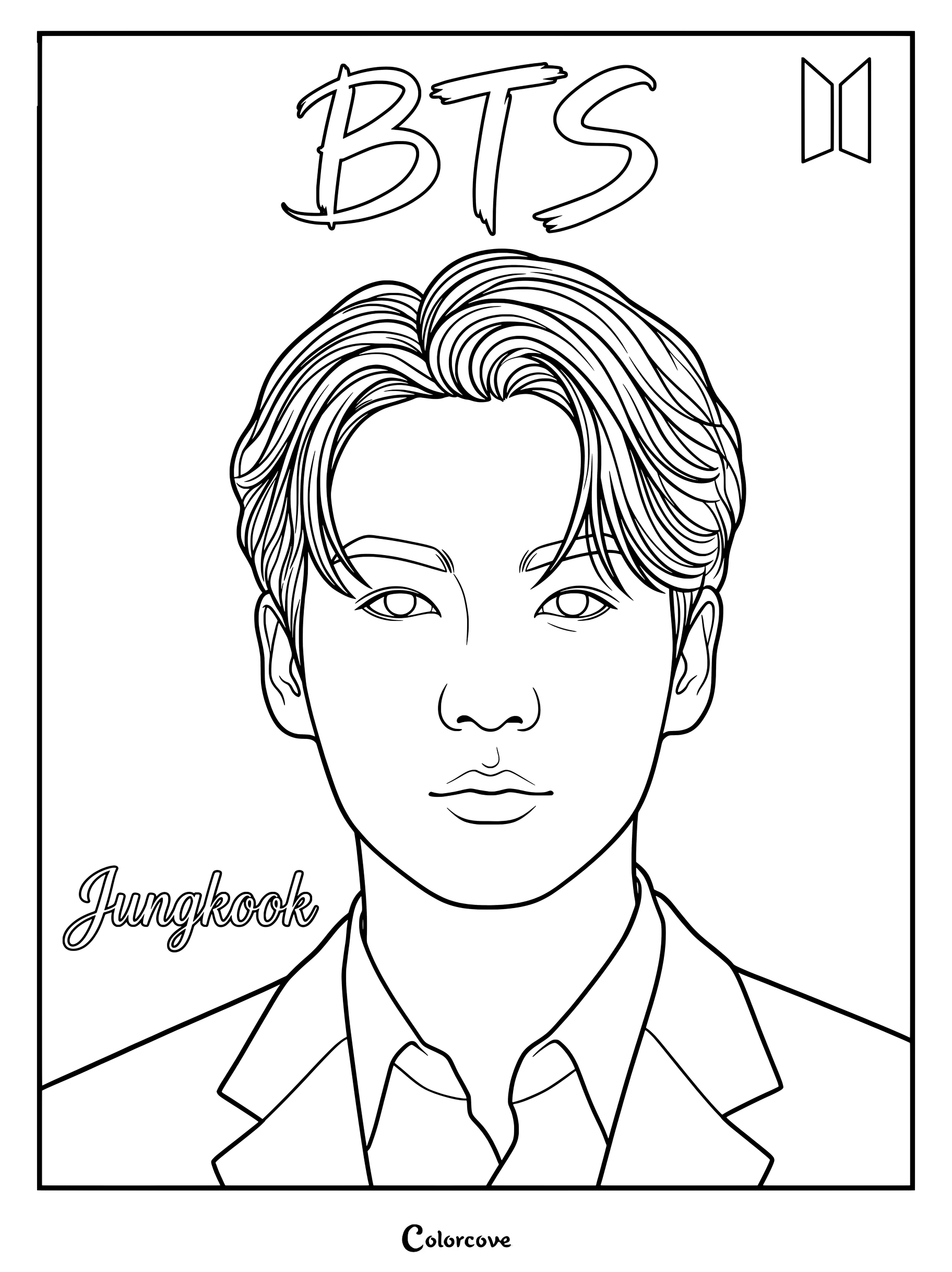 Coloriage du portrait de Jung Kook de BTS avec son nom et le logo du groupe.