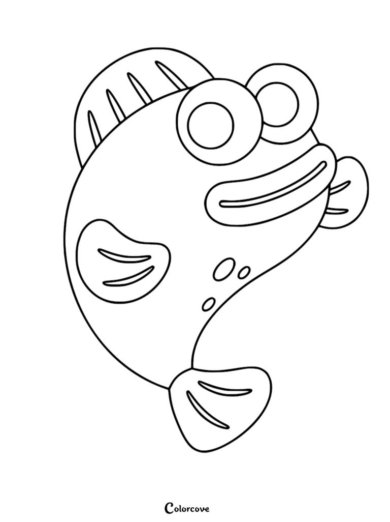 William the fish with a teardrop-shaped body, large circular eyes, and a prominent triangular dorsal fin on a printable coloring page.