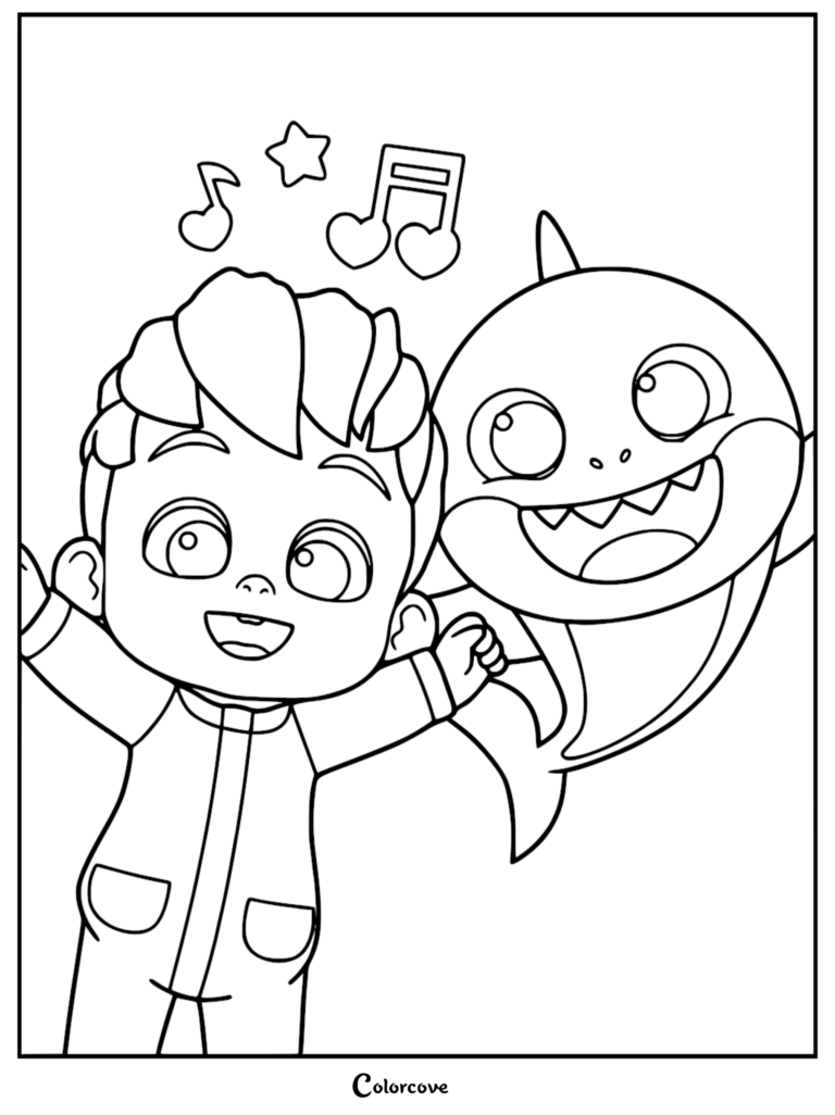 Baby Shark and a young boy character singing together, featured in a printable coloring page with musical notes and stars above them.