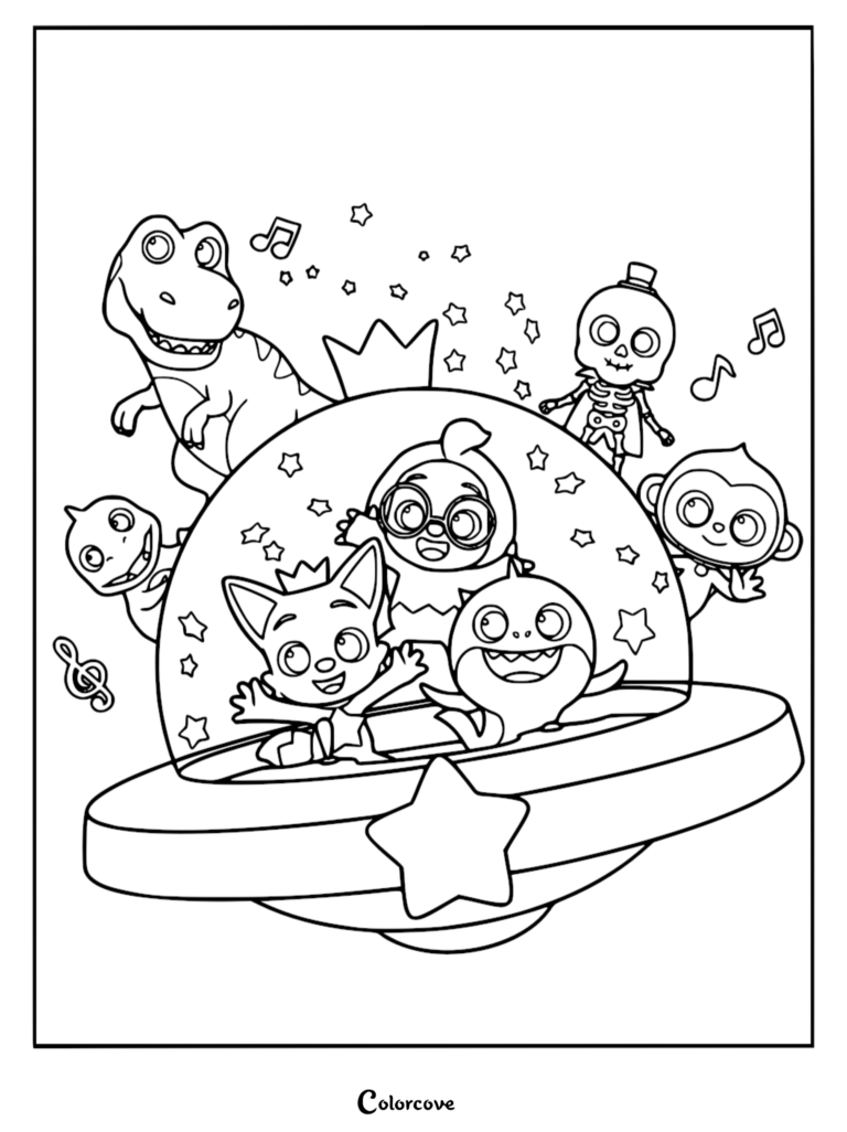 Baby Shark and Pinkfong inside a flying saucer with friends, a printable coloring page featuring a T-Rex, skeleton, and monkey.