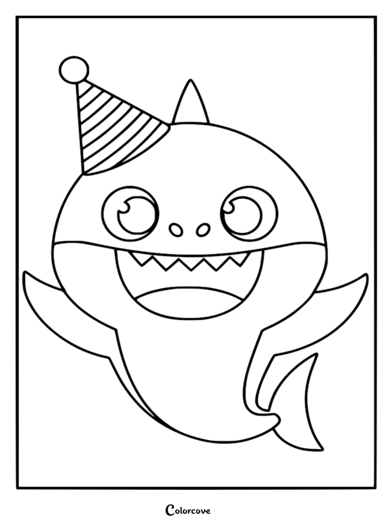 Baby Shark wearing a striped party hat with a pom-pom on top in this printable coloring page.