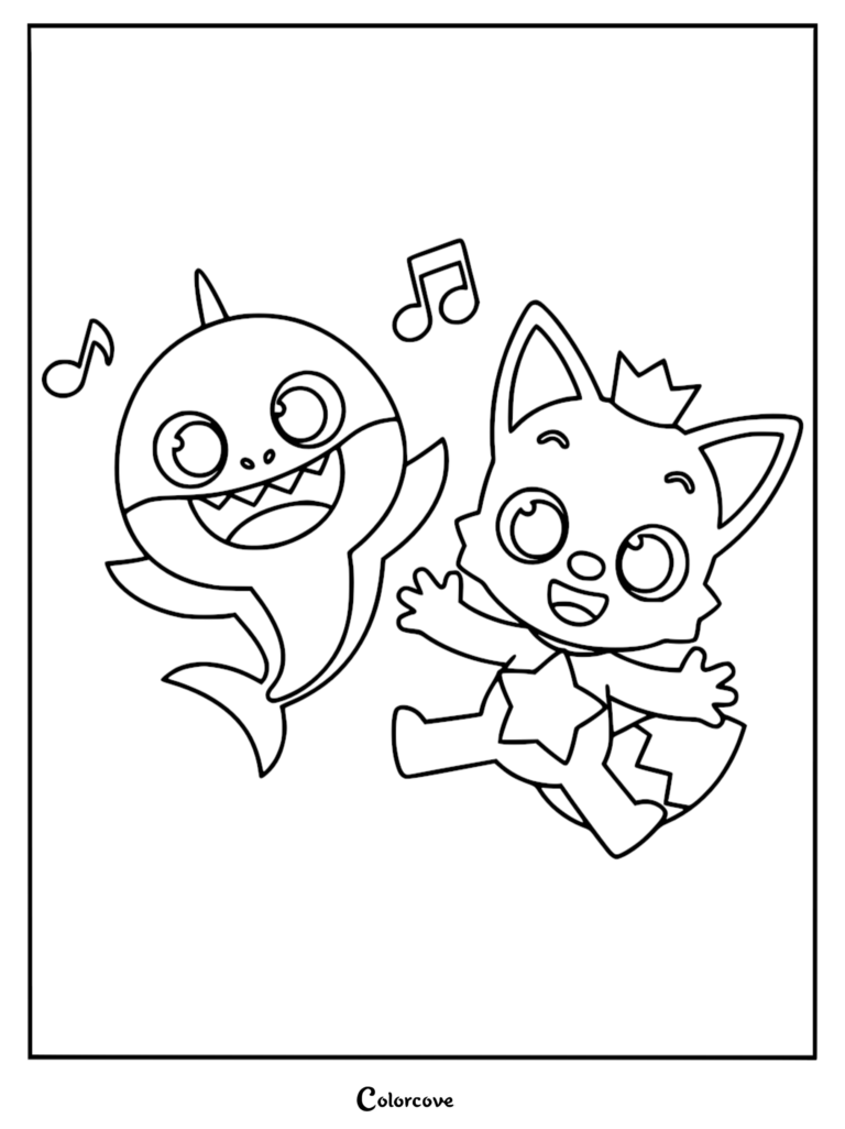 Baby Shark and Pinkfong dancing together with musical notes in this printable coloring page.