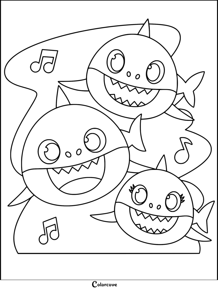Baby Shark, Mommy Shark, and Daddy Shark swimming together in a musical coloring page with floating musical notes.