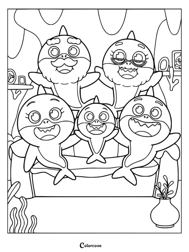 The Shark Family sits together happily on a couch.