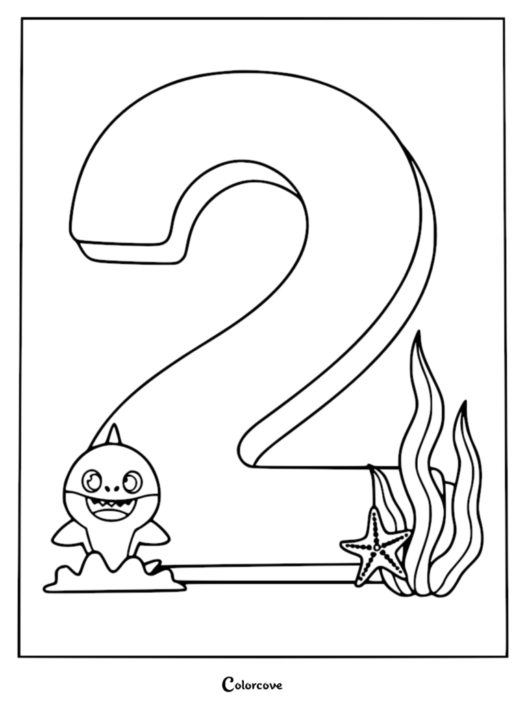 Baby Shark standing next to a large number two on this printable coloring page featuring seaweed and a starfish.
