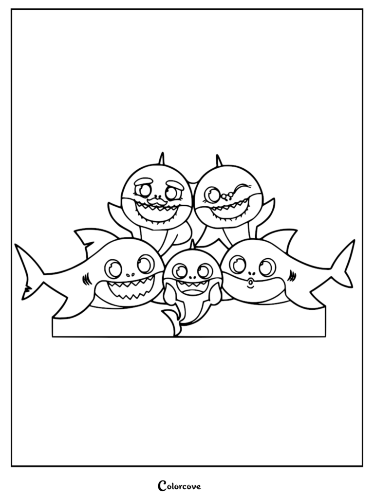 A printable coloring page featuring Grandpa Shark with his mustache, Grandma Shark with glasses, Daddy Shark, Mommy Shark, and Baby Shark posing together.