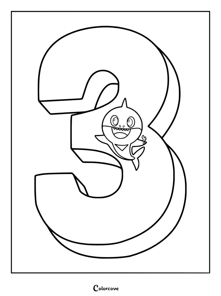 Baby Shark smiling and waving in front of a large, bold, three-dimensional number three on a printable coloring page.