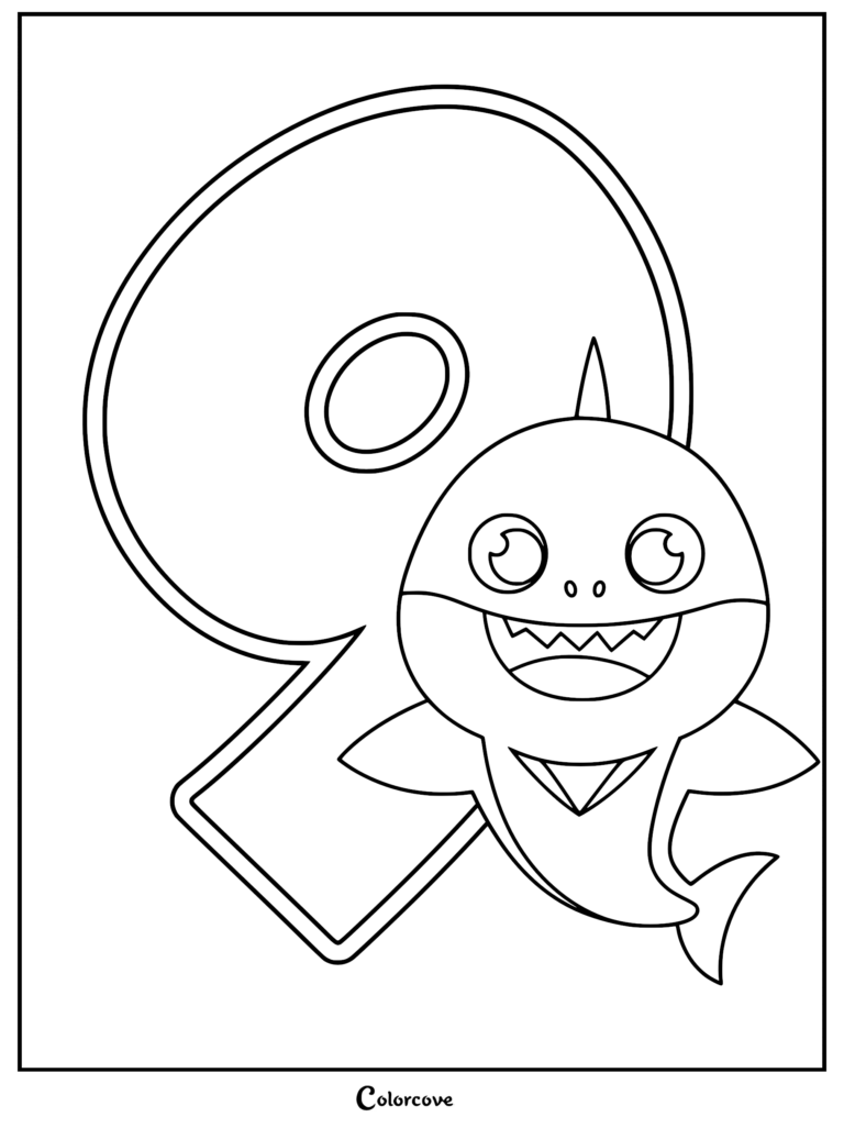 Baby Shark smiling in front of a large number nine on a printable coloring page.
