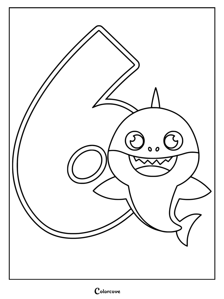 Baby Shark smiling next to a large outline of the number six on a printable coloring page.