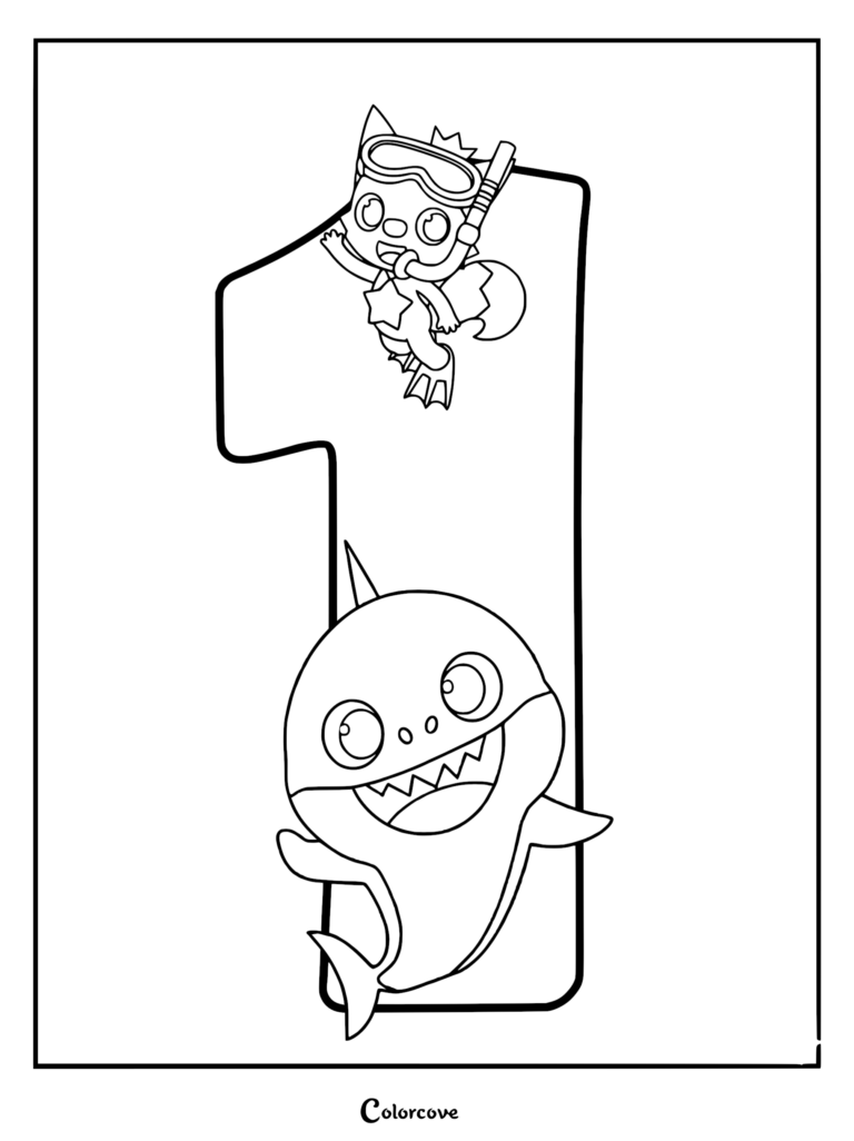 Baby Shark and William wearing snorkeling gear next to a large number one on a printable coloring page.