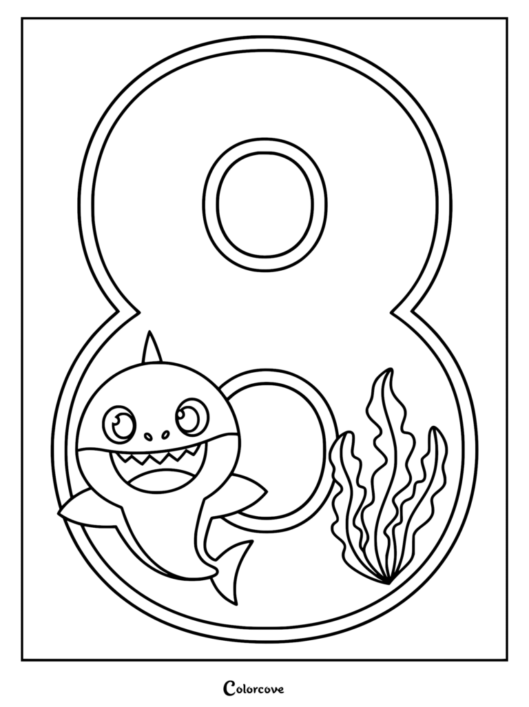 Baby Shark swimming next to a large number eight and seaweed on a printable coloring page.
