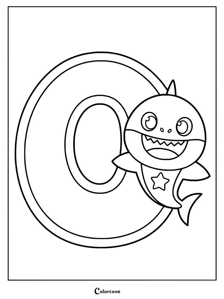Baby Shark smiling next to a large uppercase letter O in this printable coloring page.
