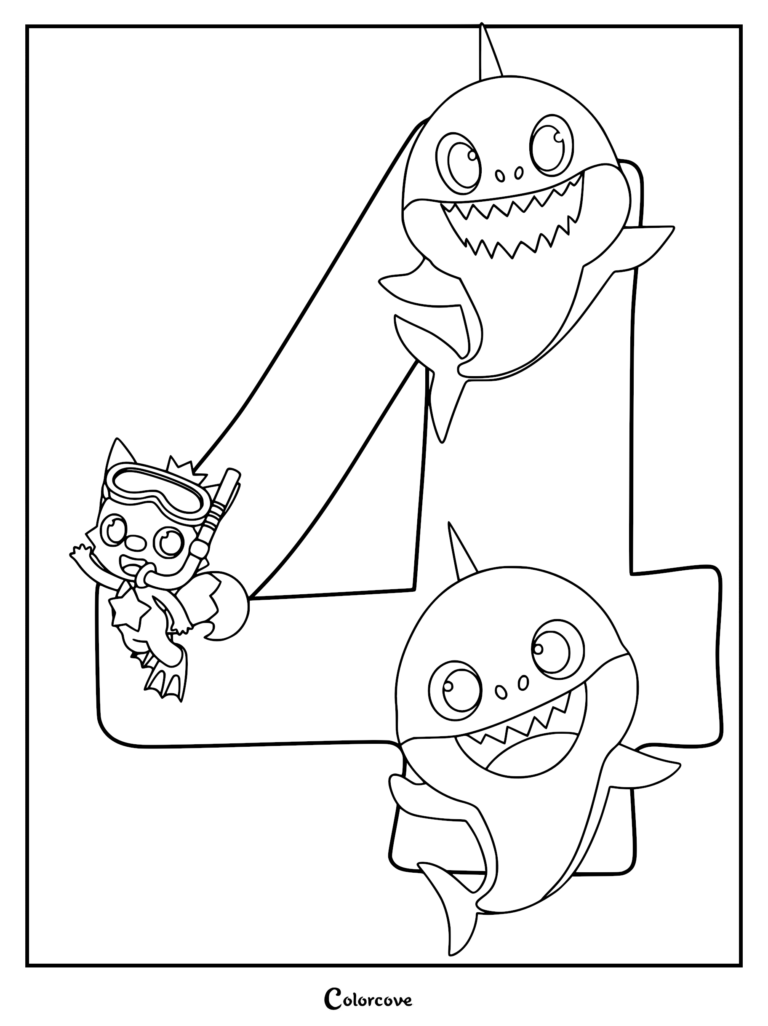 Baby Shark and William wearing snorkel gear next to a large number four in this printable coloring page.