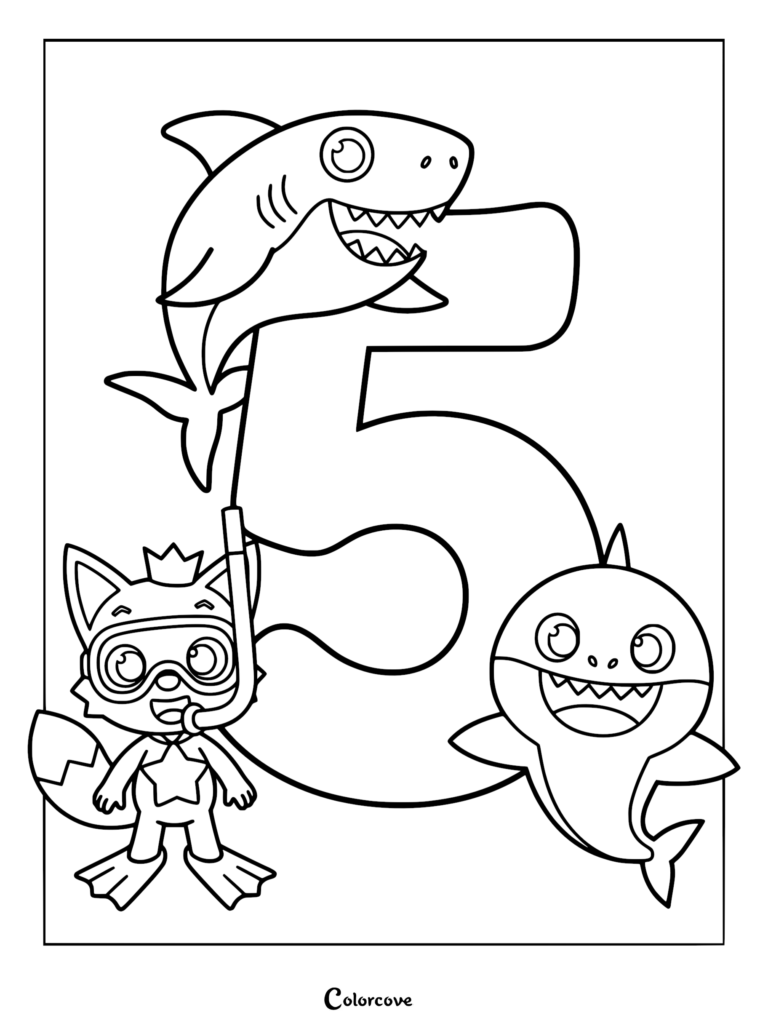 Baby Shark and a friend wearing snorkel gear next to the number 5 on a printable coloring page.