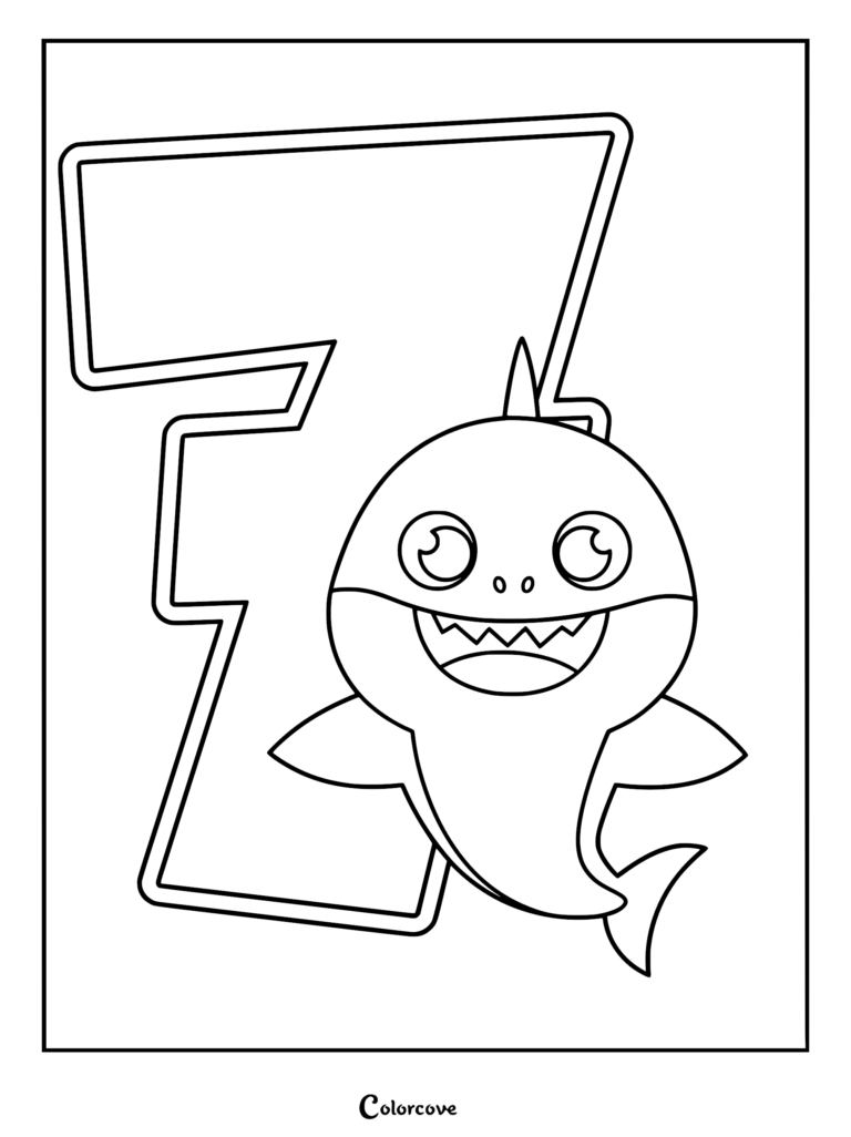 Baby Shark smiling next to a large outline of the number seven on a printable coloring page.