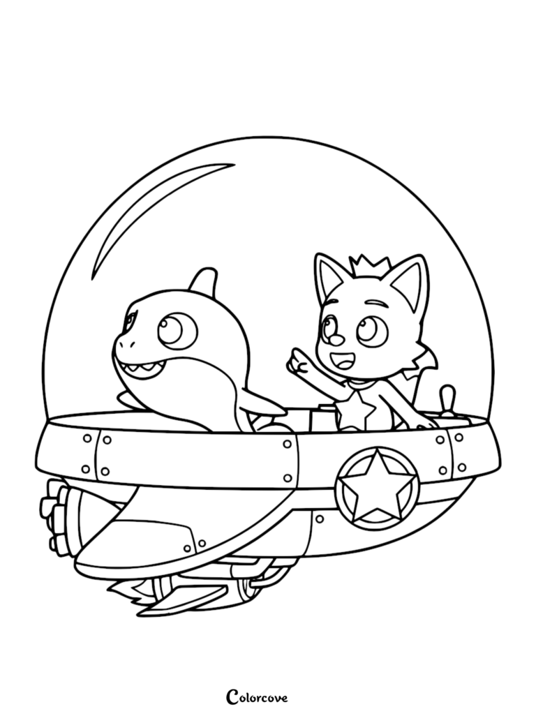 Baby Shark and Pinkfong sitting inside a round spaceship cockpit, line art coloring page for kids.