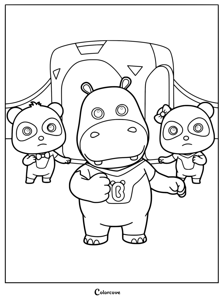 Hank the Hippo standing in front of Kiki and Miumiu in this printable BabyBus coloring page.