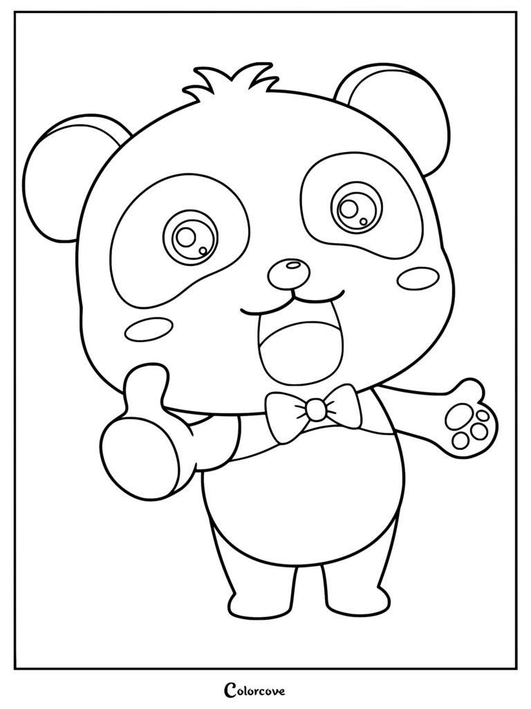 Kiki the panda wearing a bow tie and giving a thumbs up in this printable coloring page.