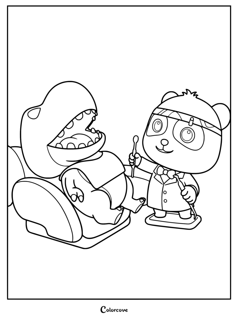 Kiki from BabyBus dressed as a dentist examining a patient in a dental chair, printable coloring page.