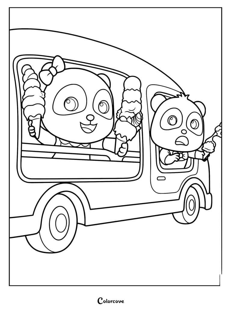 Kiki and Miumiu riding in a van while holding ice cream cones in this printable coloring page.