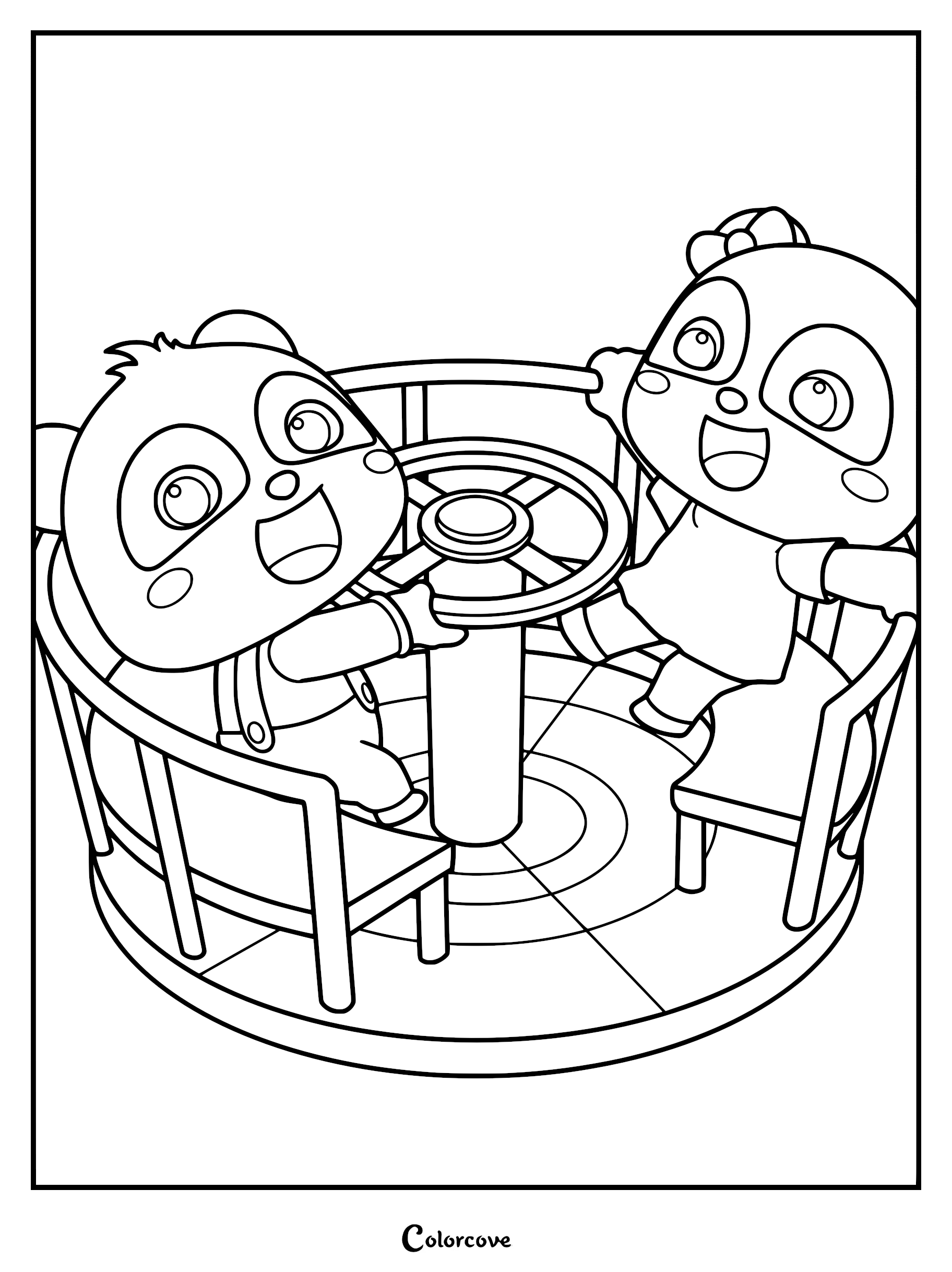 Kiki and Miumiu playing on a playground merry-go-round, printable coloring page for kids