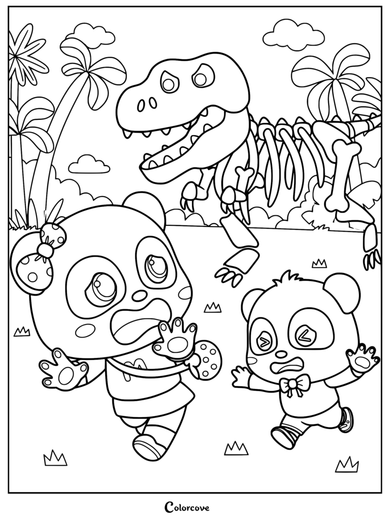 Kiki and Miumiu running away in fear from a large T-Rex dinosaur skeleton in a prehistoric jungle setting, printable coloring page.
