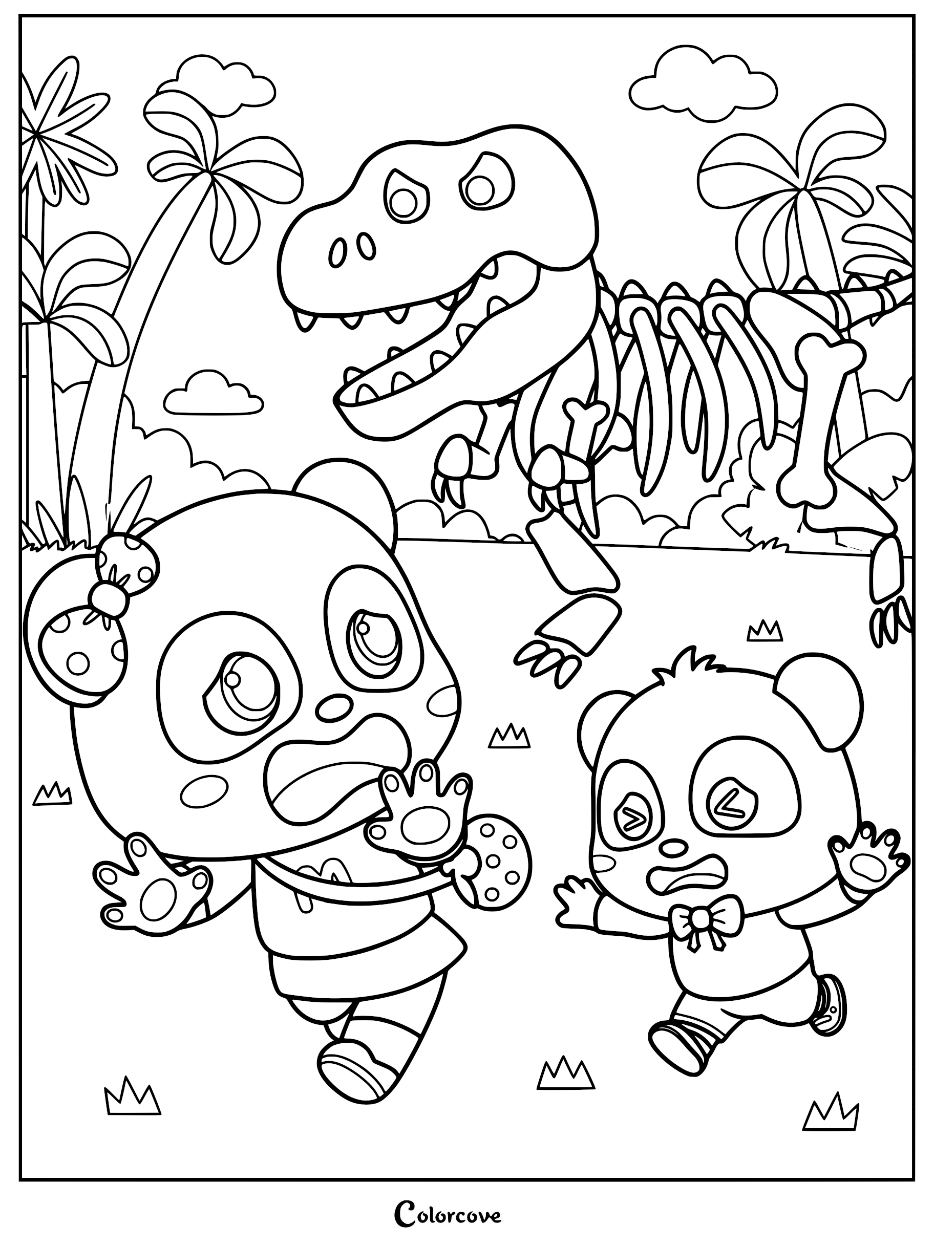 Kiki and Miumiu running away in fear from a large T-Rex dinosaur skeleton in a prehistoric jungle setting, printable coloring page.