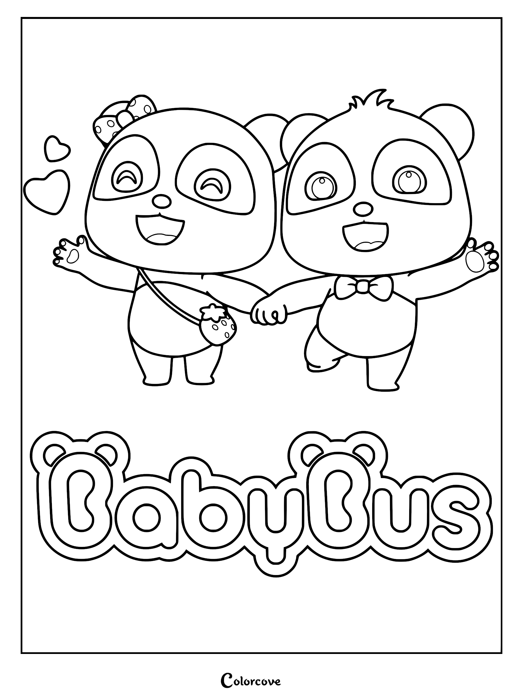 Kiki and Miumiu holding hands with hearts above them in a BabyBus coloring page.