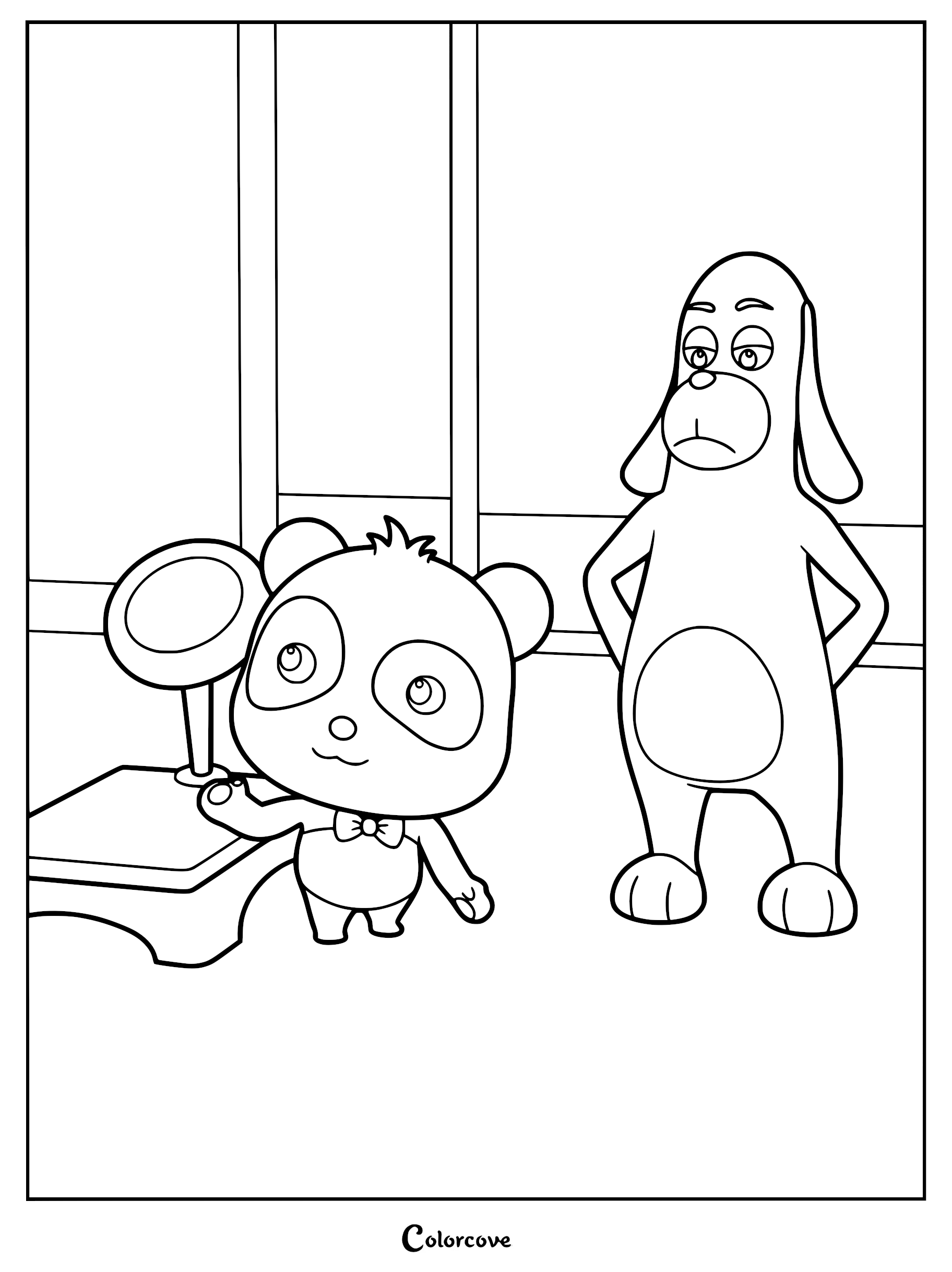 Kiki the panda standing next to a table with a mirror while Mr. Dao looks on in this printable coloring page.