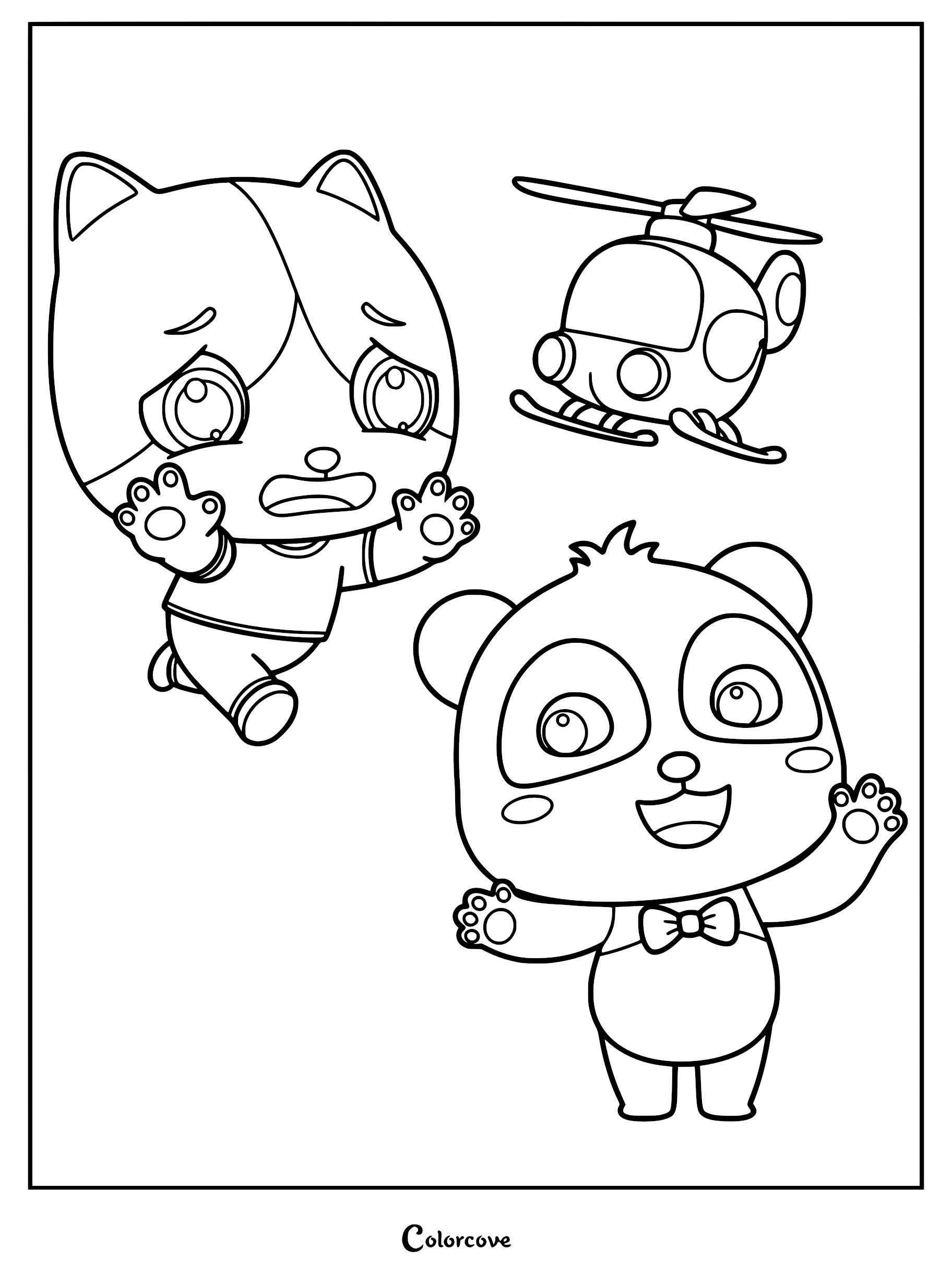 Kiki the panda waving hello next to Timi the kitten and a small toy helicopter in this printable coloring page.