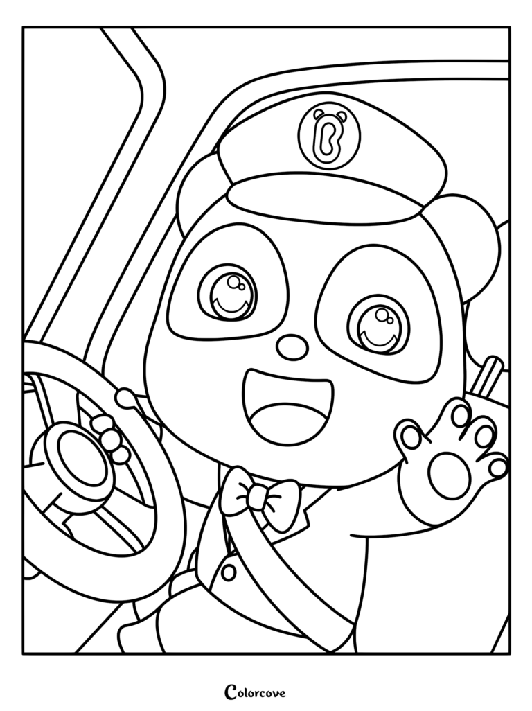 Kiki from BabyBus wearing a bus driver uniform and hat while waving from the driver seat in this printable coloring page.