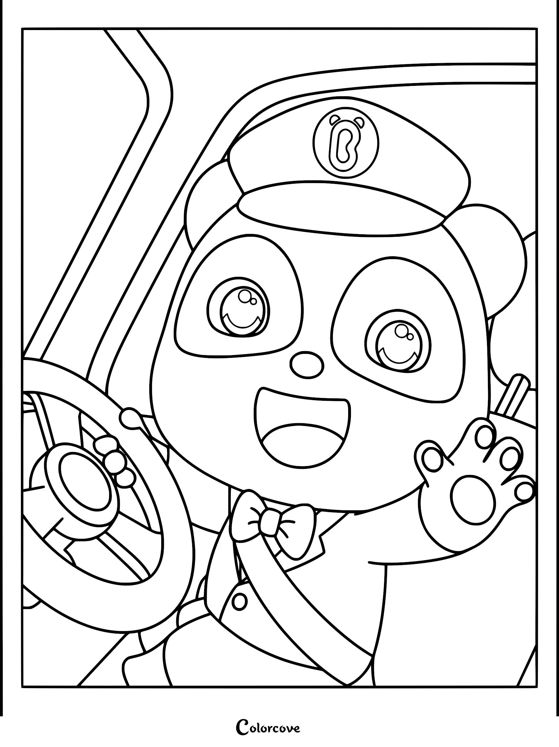 Kiki from BabyBus wearing a bus driver uniform and hat while waving from the driver seat in this printable coloring page.