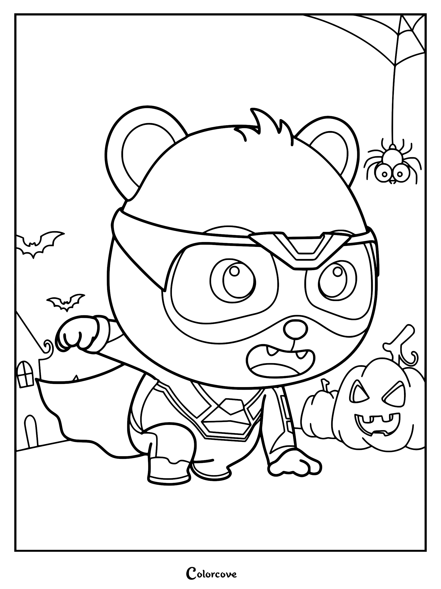 Kiki from Super Panda Rescue Team wearing a superhero suit and cape in a Halloween scene with a jack-o'-lantern, bats, and a spider, ready to print and color.