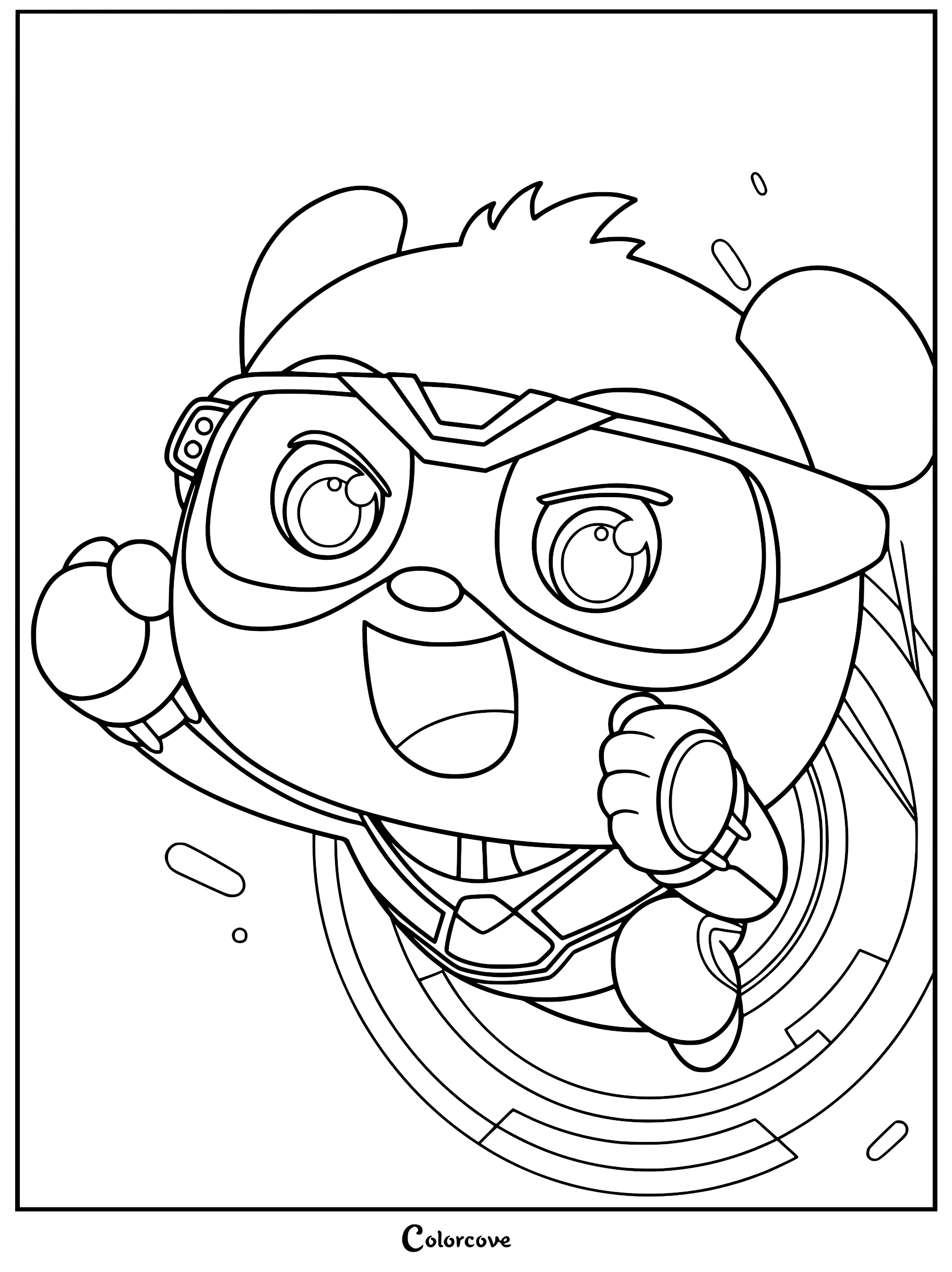 Kiki from BabyBus wearing a high-tech superhero mask and suit, flying forward in a dynamic pose, featured on a printable coloring page.