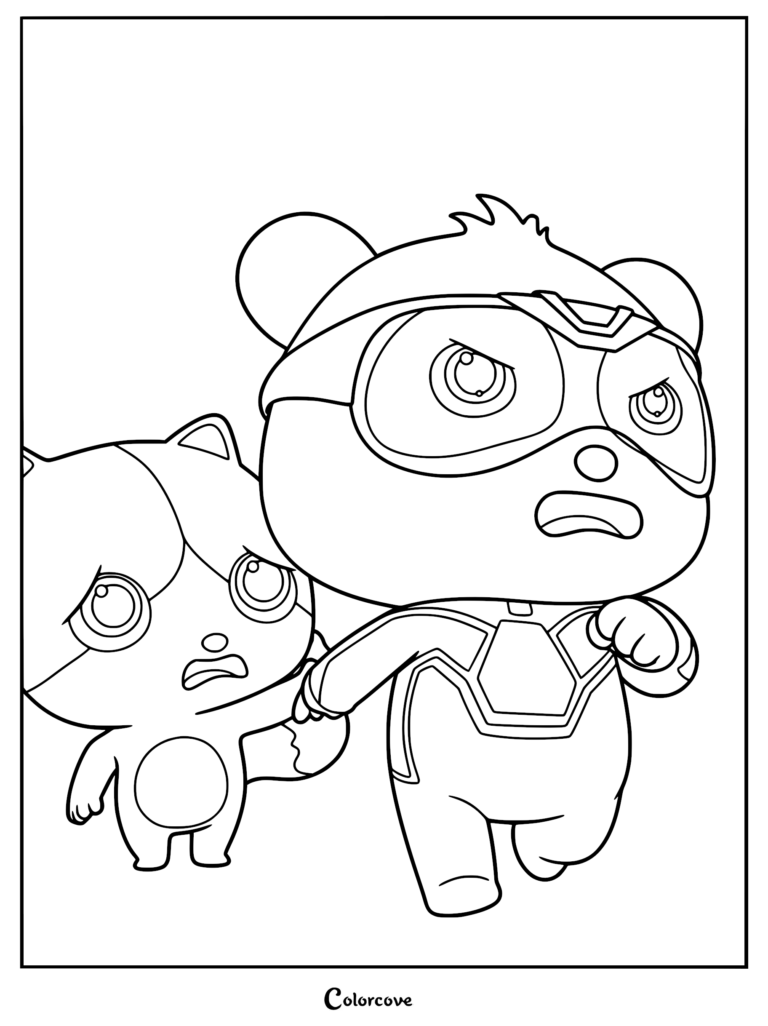 Kiki wearing Super Panda Rescue Team gear leading Mimi by the hand in this printable coloring page.