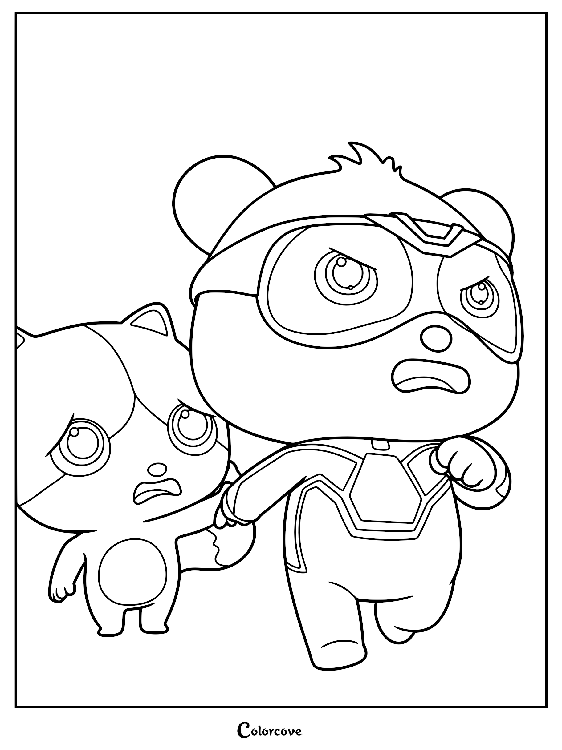 Kiki wearing Super Panda Rescue Team gear leading Mimi by the hand in this printable coloring page.