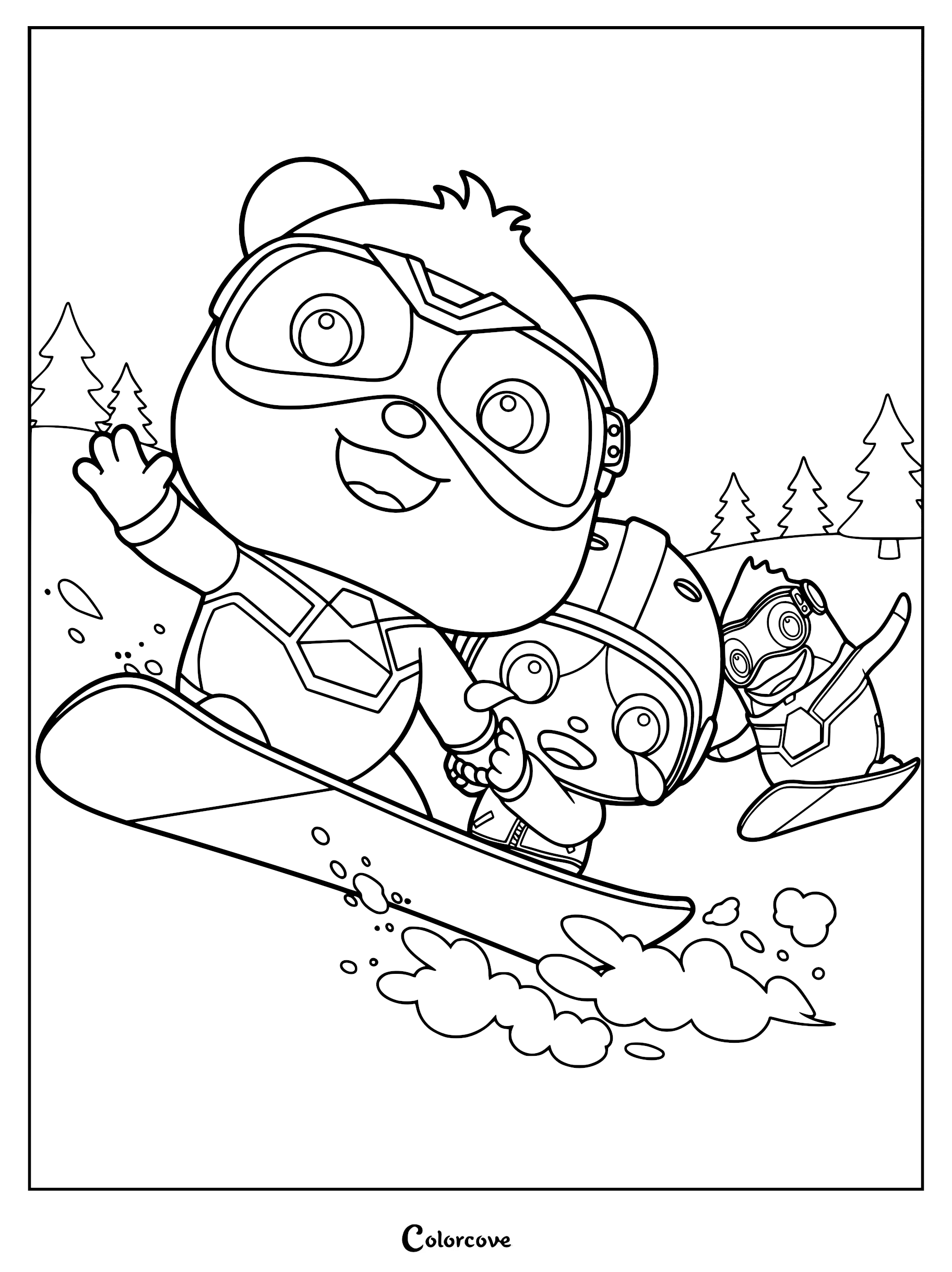 Kiki, Mimi, and Rudolph snowboarding in a snowy winter scene, printable coloring page for kids.
