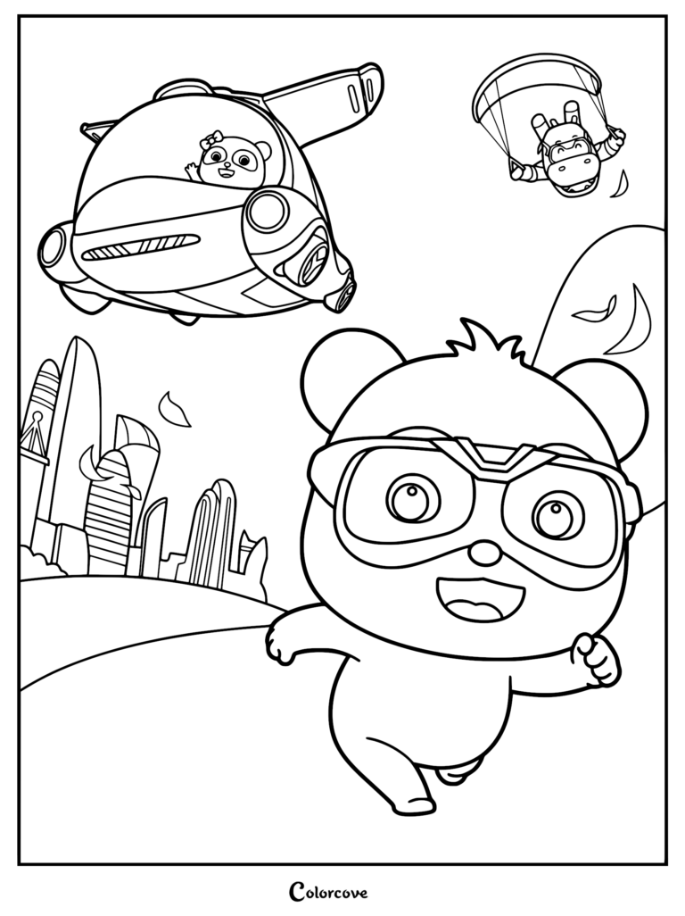 Kiki running in the foreground with goggles, Miumiu flying a rescue vehicle, and Hank the Hippo parachuting in this Super Panda Rescue Team coloring page.