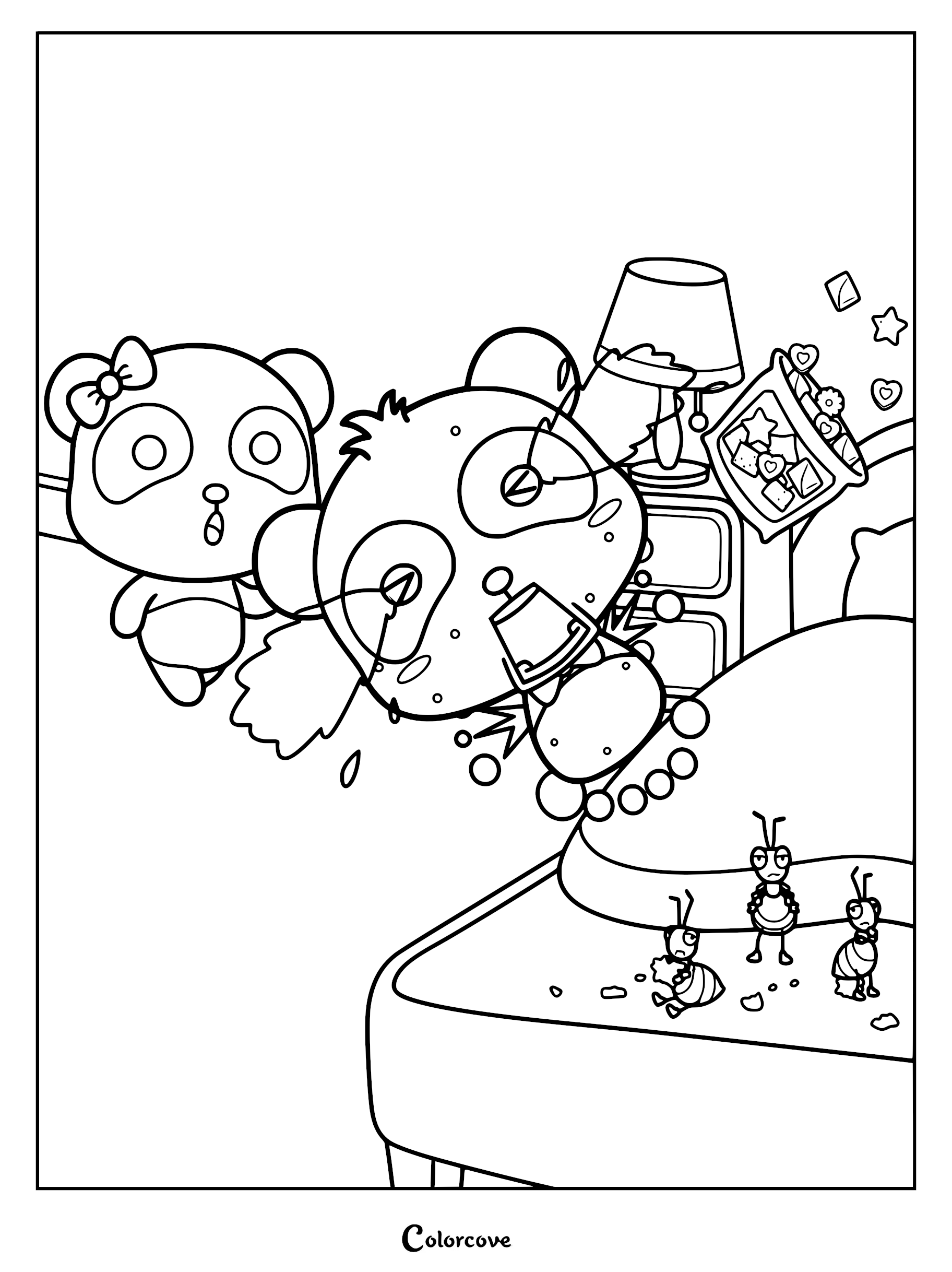 Kiki and Miumiu coloring page featuring the pandas discovering little ants on a bed in a lesson about cleanliness.