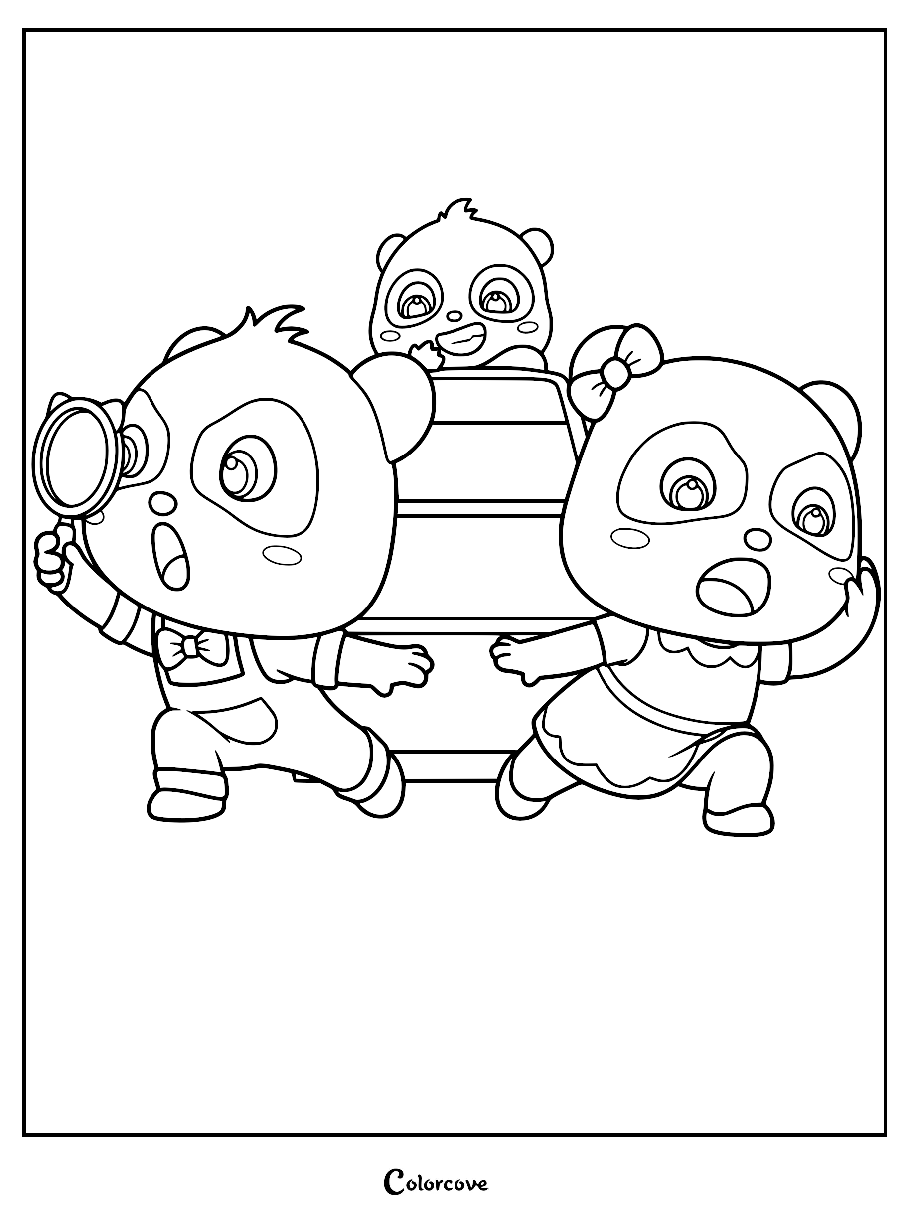 Kiki holding a magnifying glass, Miumiu looking surprised, and Baby Panda peeking from behind a barrel in this printable coloring page.