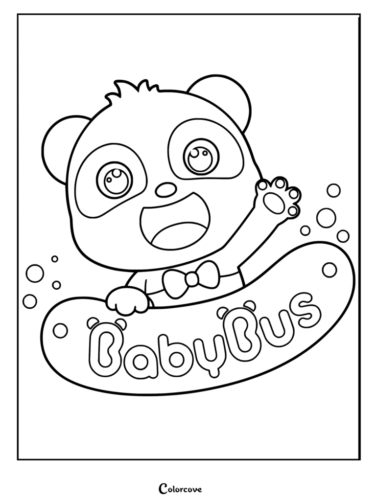 Kiki the panda waving his hand behind a BabyBus logo sign in this printable coloring page.