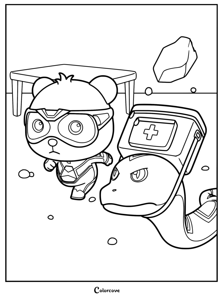 Kiki from the Super Panda Rescue Team wearing his hero gear running alongside Mr. Rattlesnake who carries a medical kit in this printable coloring page.