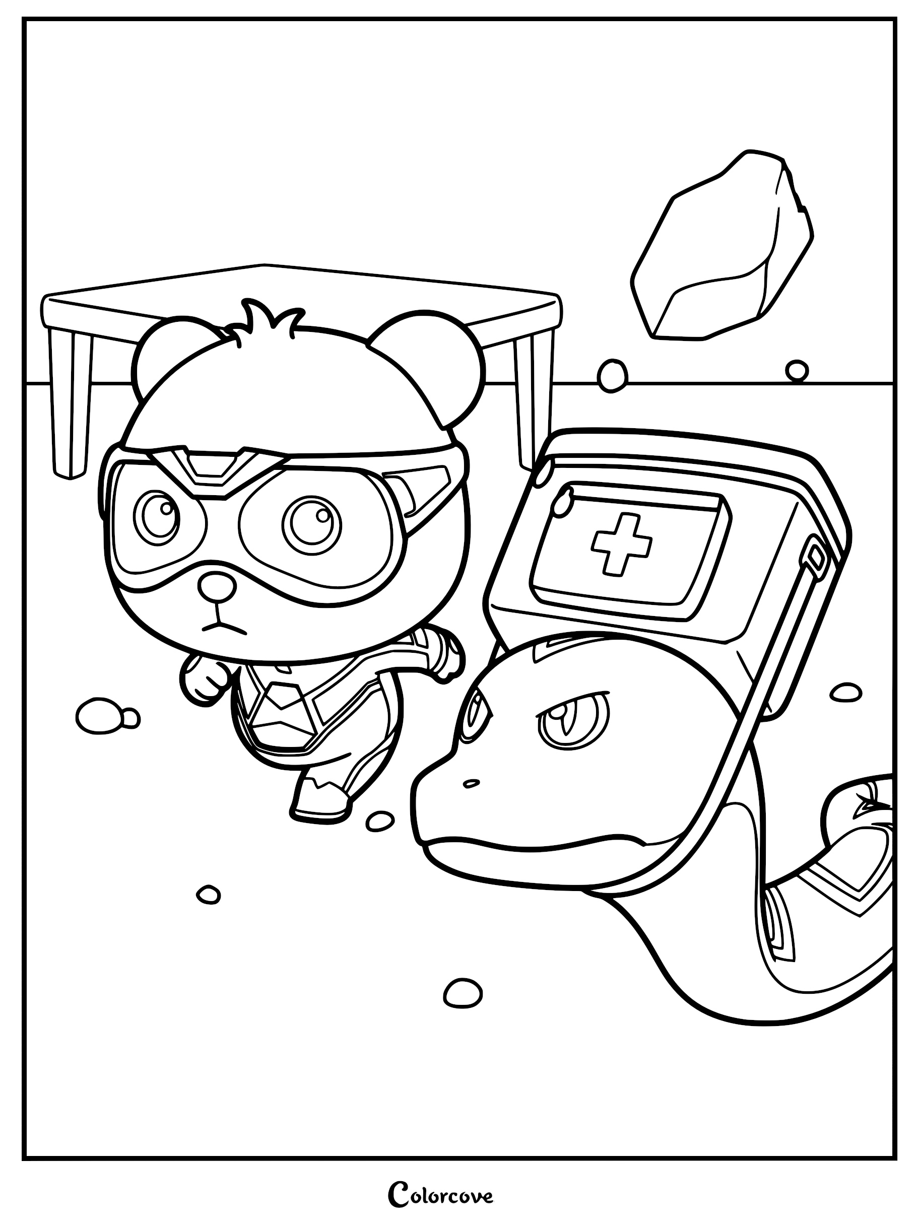 Kiki from the Super Panda Rescue Team wearing his hero gear running alongside Mr. Rattlesnake who carries a medical kit in this printable coloring page.