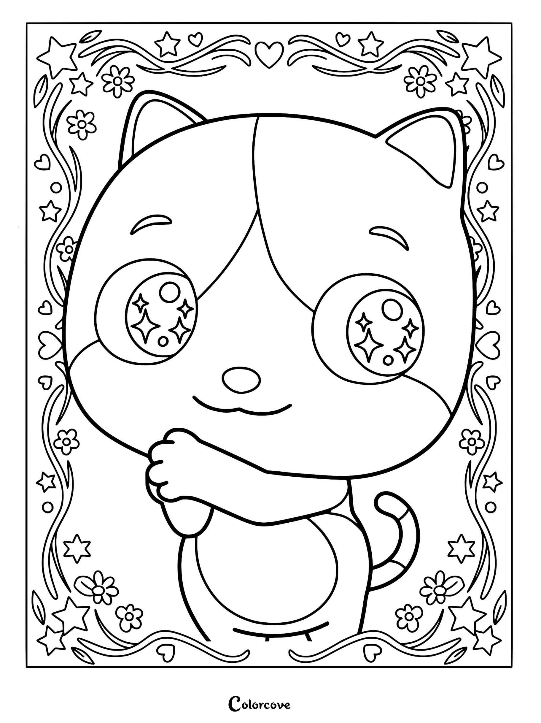 Mimi from The MeowMi Family Show with starry eyes in a floral frame coloring page