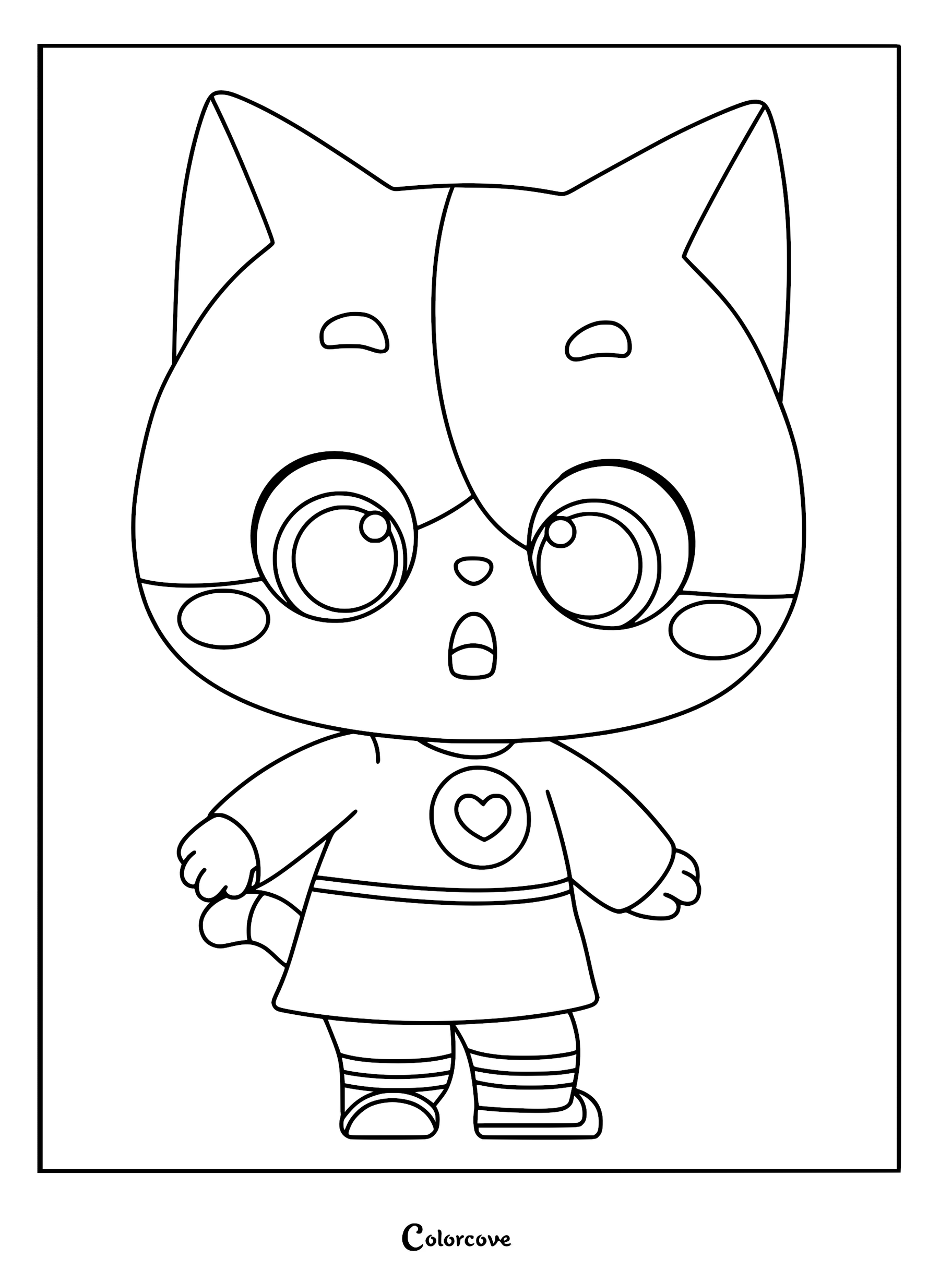 Mimi from The MeowMi Family Show standing with a surprised expression in this printable coloring page.