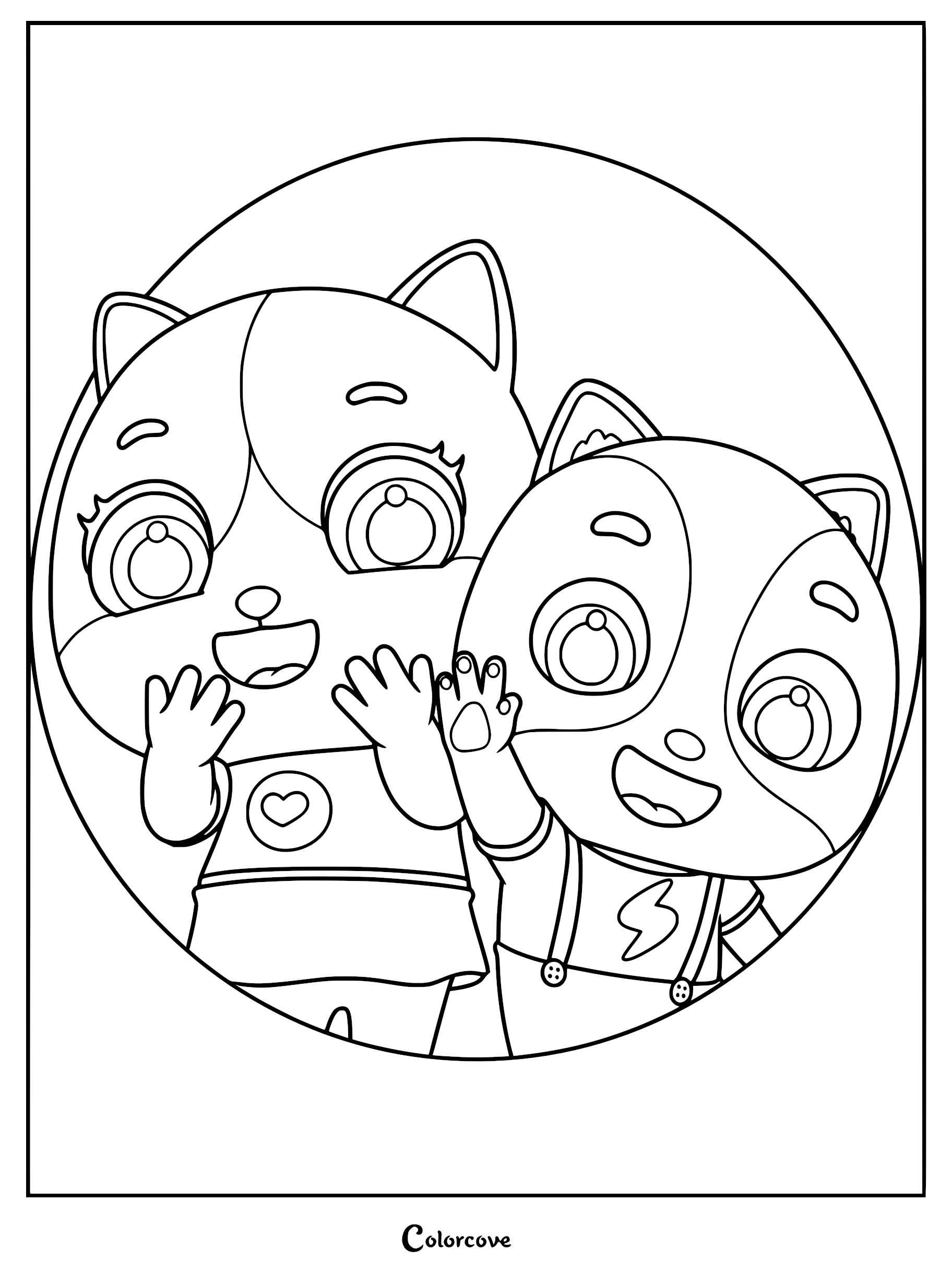 Mimi and Timi from The MeowMi Family Show waving their paws in a circular frame, printable coloring page.