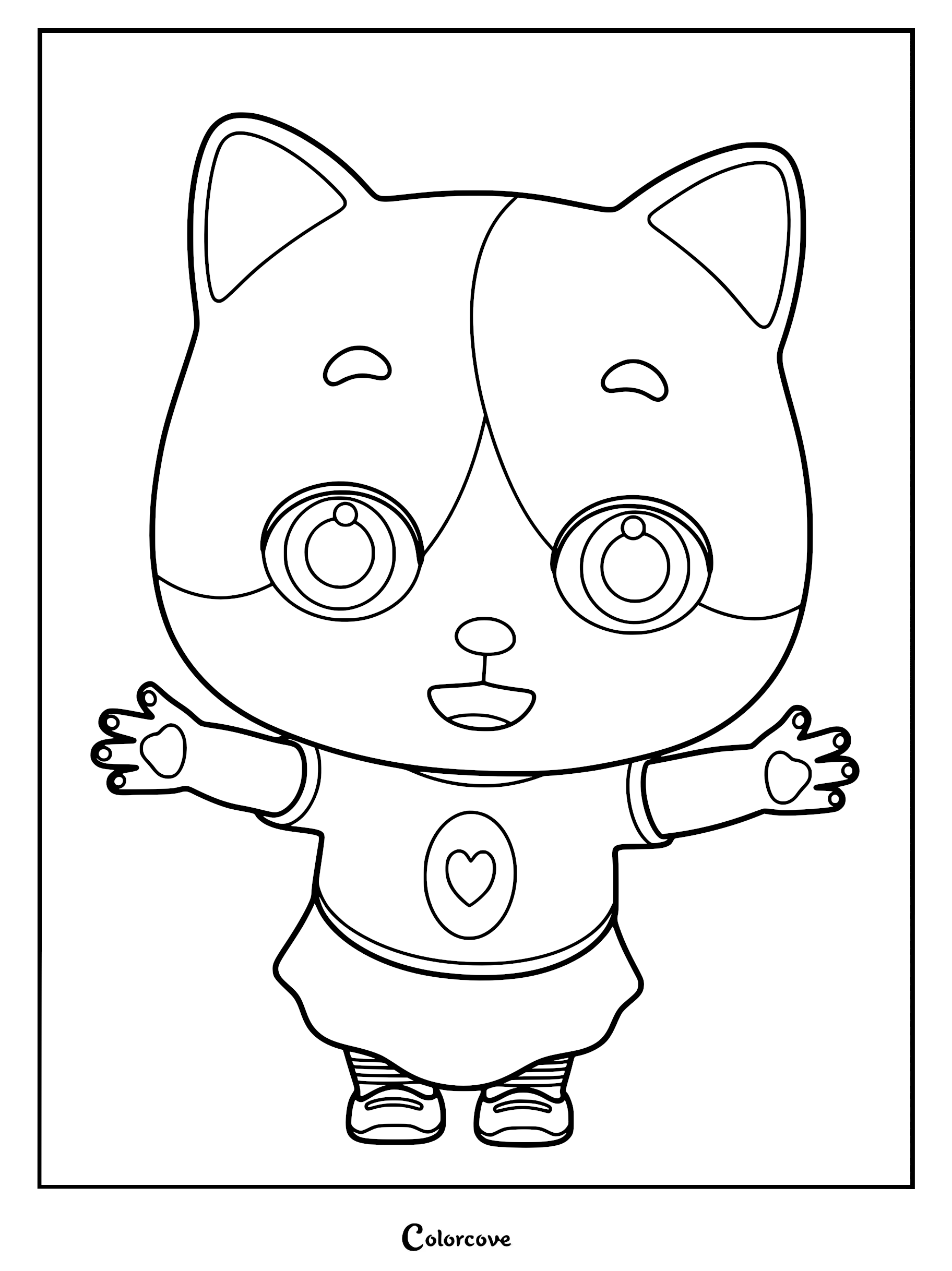 Mimi from The MeowMi Family Show with arms outstretched in a friendly pose, line art coloring page.