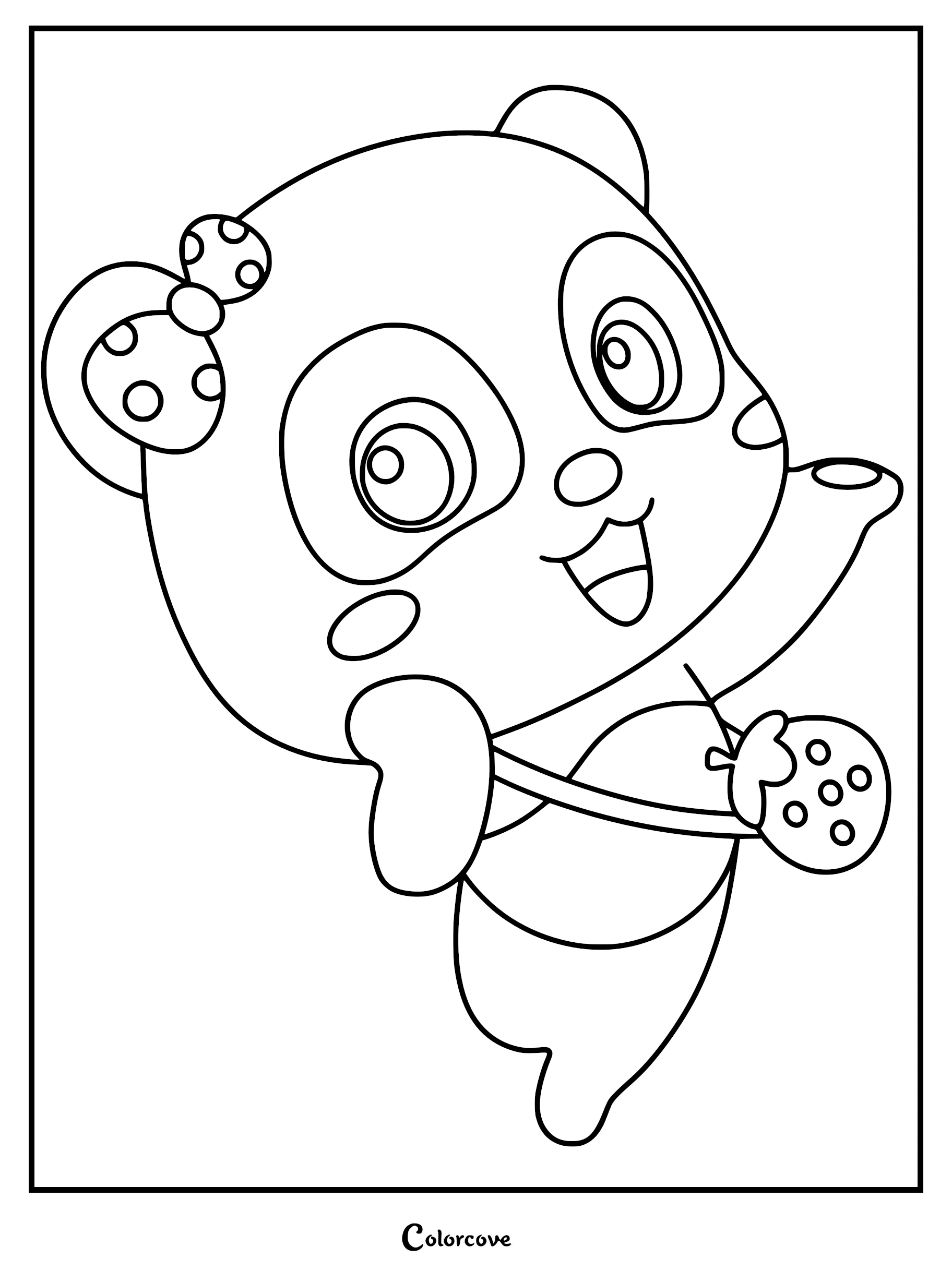 Miumiu from BabyBus wearing a polka dot bow and holding a strawberry in this printable coloring page.