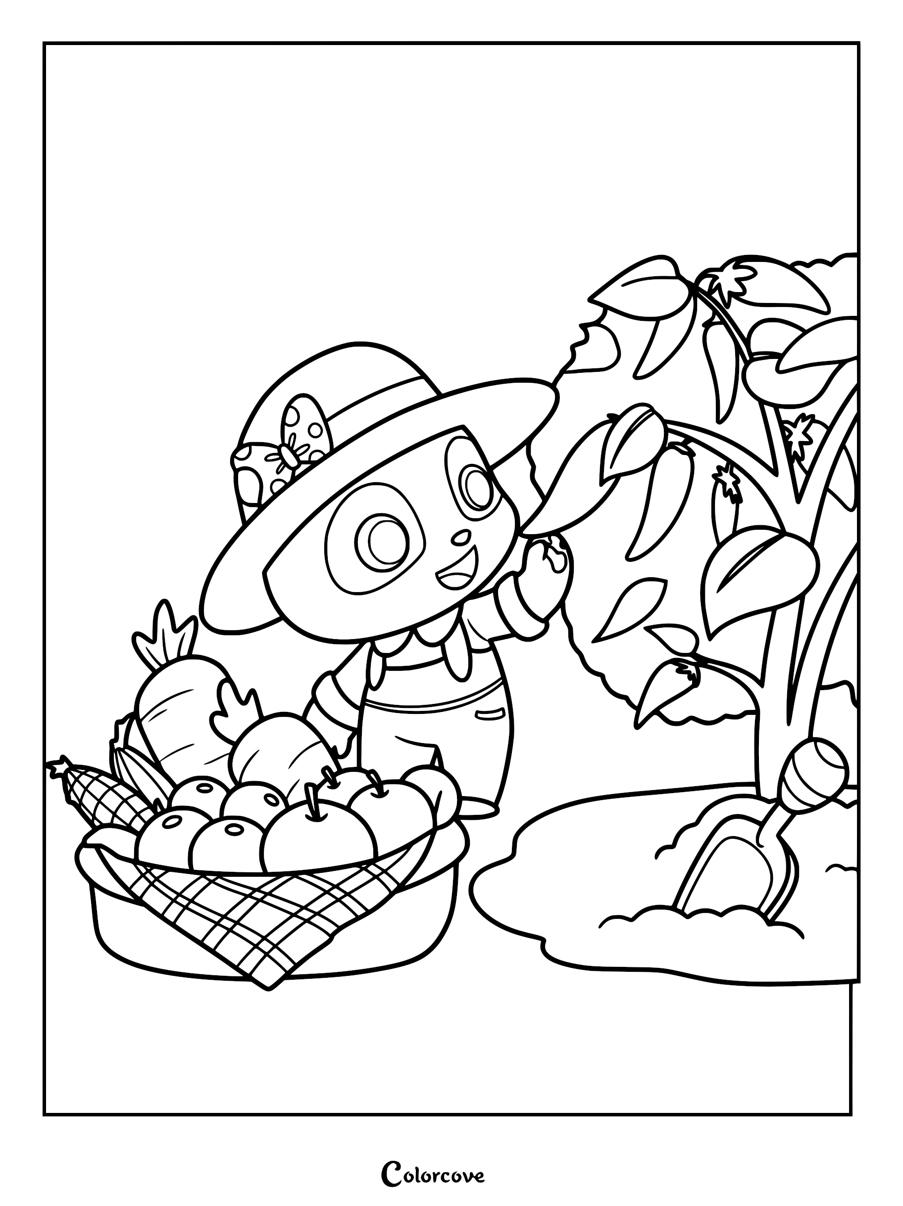 Miumiu wearing a sun hat harvesting vegetables from a garden into a basket, printable coloring page.